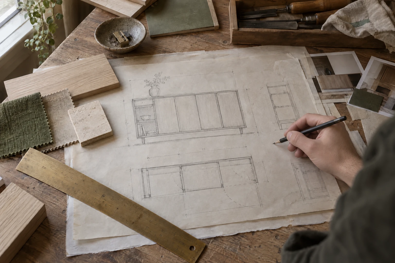Disegno a mano di un mobile con campioni di materiali