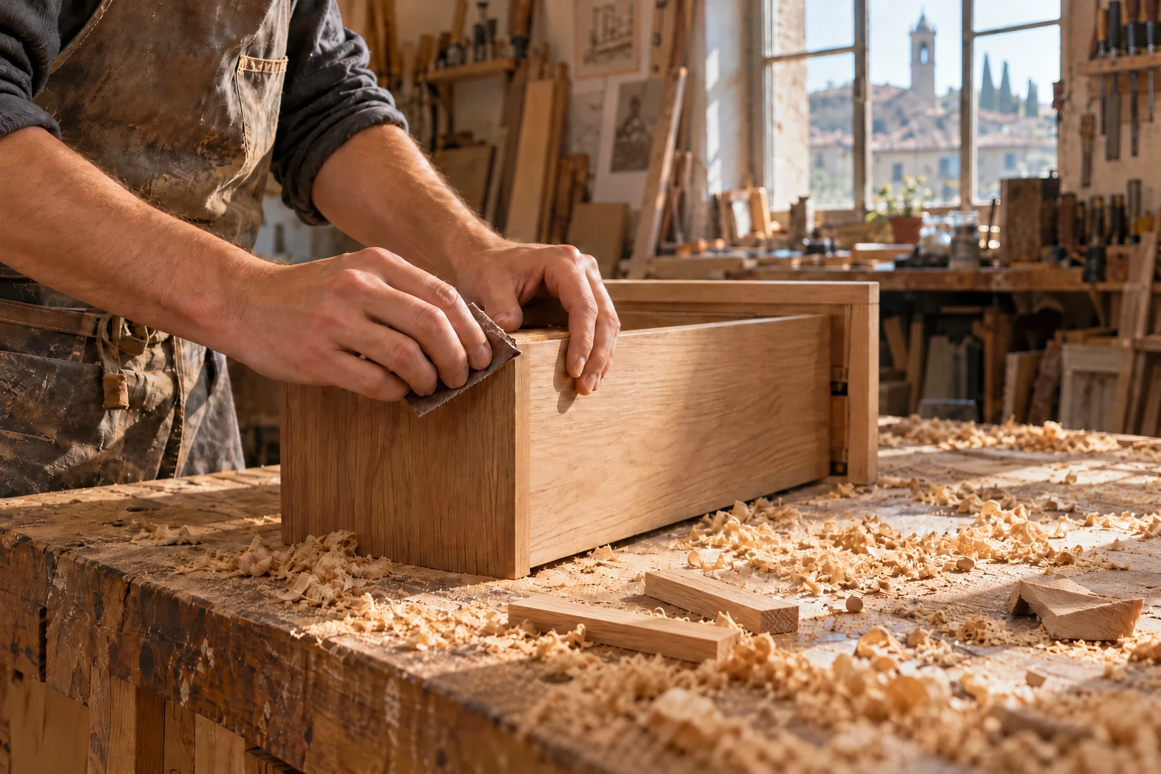 Le mani di un artigiano carteggiano un mobile su misura, con scarti di legno sul banco